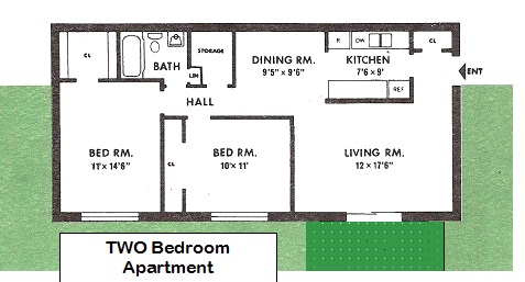 2BR 1Bath 1st floor floor plan