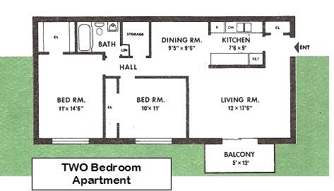 2BR 1Bath w/balcony 2nd & 3rd floors floor plan