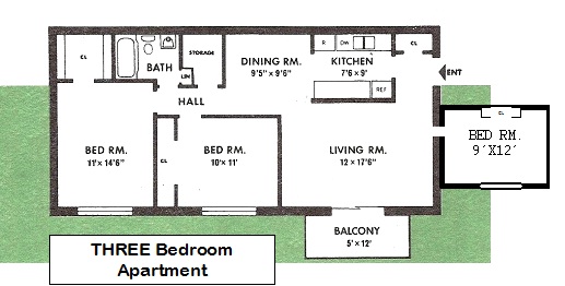 3BR 1Bath w/balcony 2nd & 3rd floors floor plan